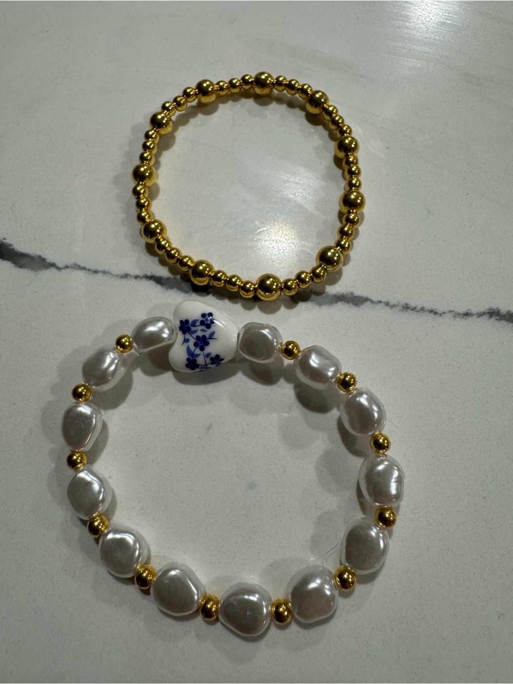 Gold and White Pearl Bead Stretch Bracelet Set